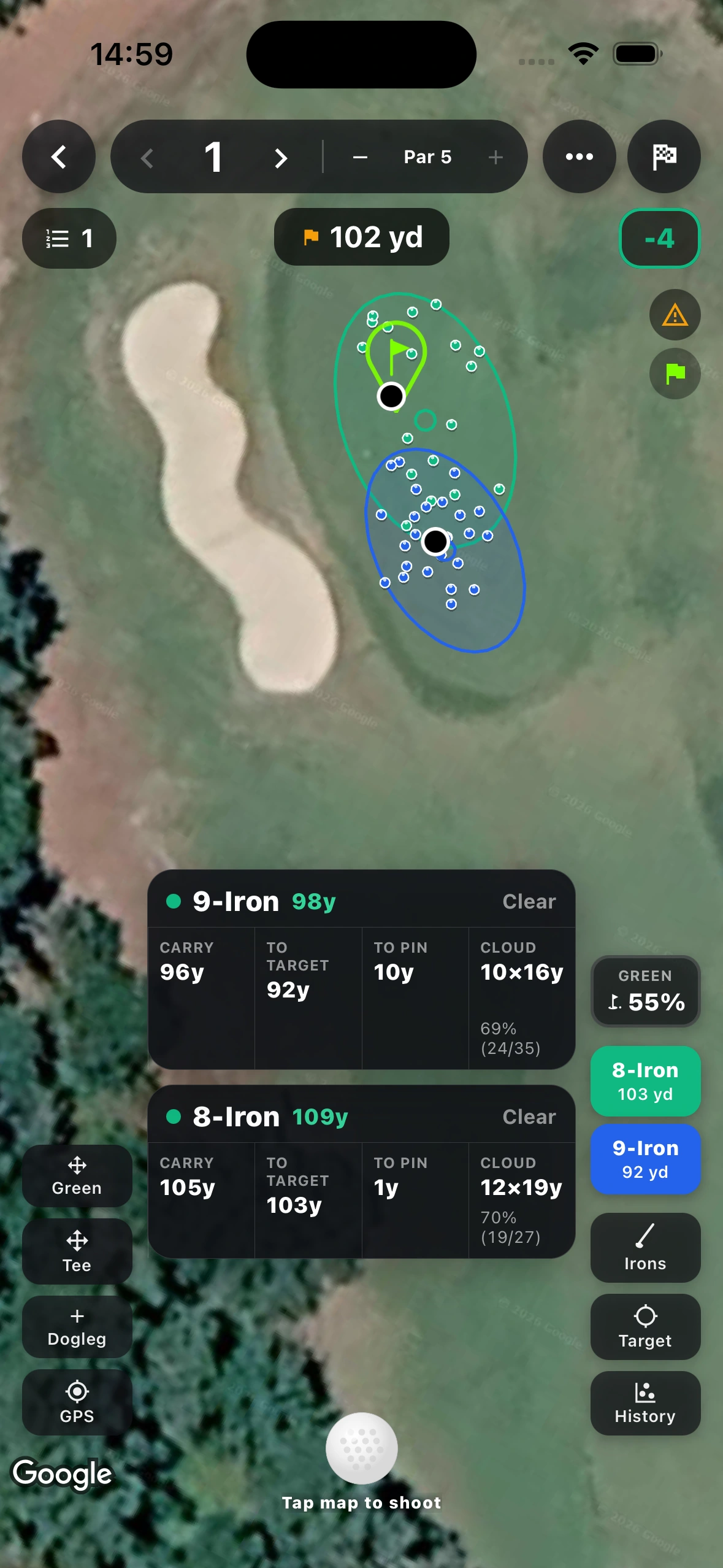 MetriQ app showing club dispersion and the on-course target