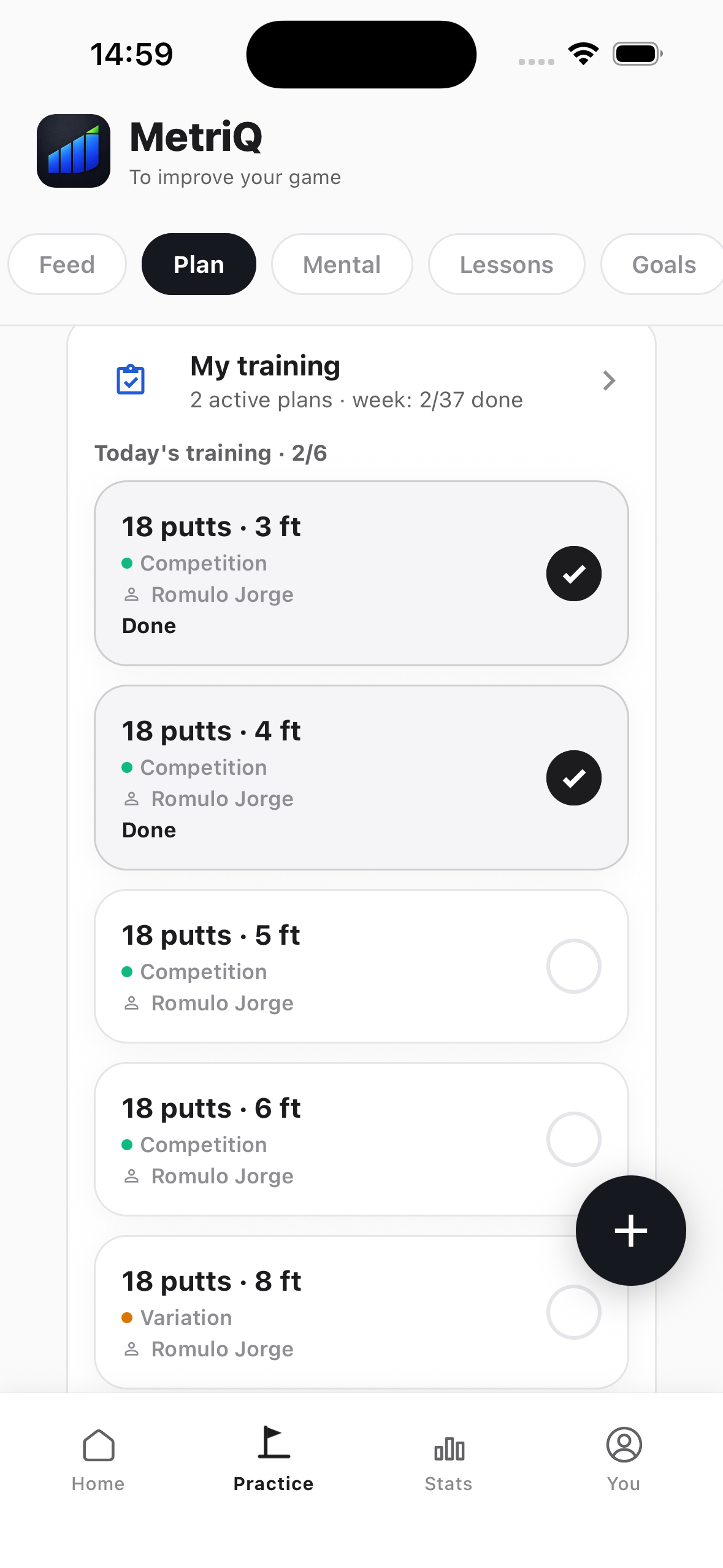 Practice plan and sessions in the MetriQ app